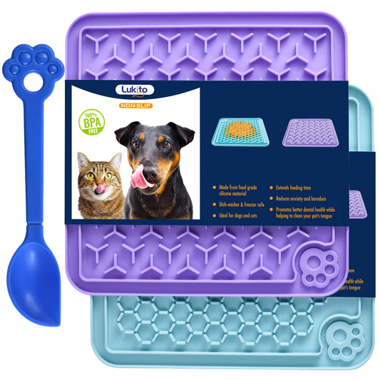Feeding Mat for Dogs & Cats 2 Pack with Pet Food Spoon, Slow Feeder & Non-Slip Design, Pet Calming Dog Treat Mat Anxiety Relief Dog Cat Training, Perfect for Yogurt, Peanut Butter